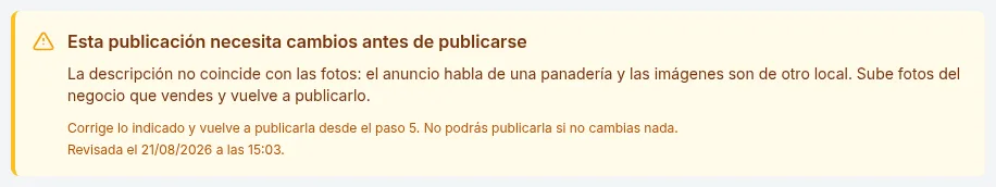 Aviso al vendedor: esta publicación necesita cambios antes de publicarse