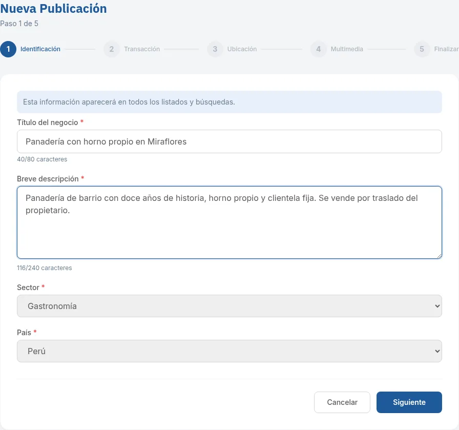 Paso 1 del formulario: título del negocio, breve descripción, sector y país