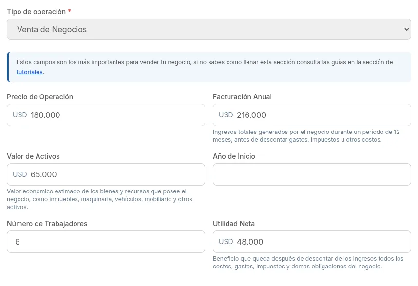 Paso 2: tipo de operación y los datos económicos del negocio