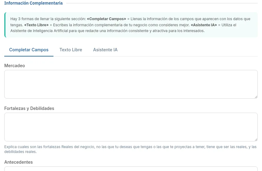 Las tres pestañas de Información Complementaria, con Asistente IA a la derecha
