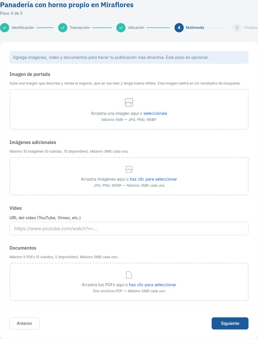 Paso 4: imagen de portada, imágenes adicionales, video y documentos