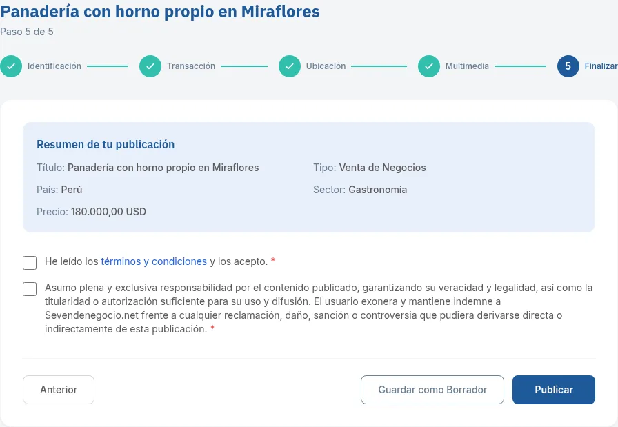 Paso 5: resumen de la publicación y botones para guardar como borrador o publicar