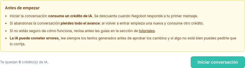 Aviso «Antes de empezar» con las condiciones y el botón Iniciar conversación