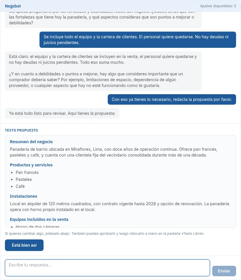 La conversación con Negobot y, debajo, la caja Texto propuesto con el botón Está bien así