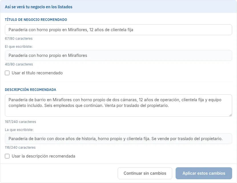Pantalla «Así se verá tu negocio en los listados» comparando las propuestas con lo que escribiste