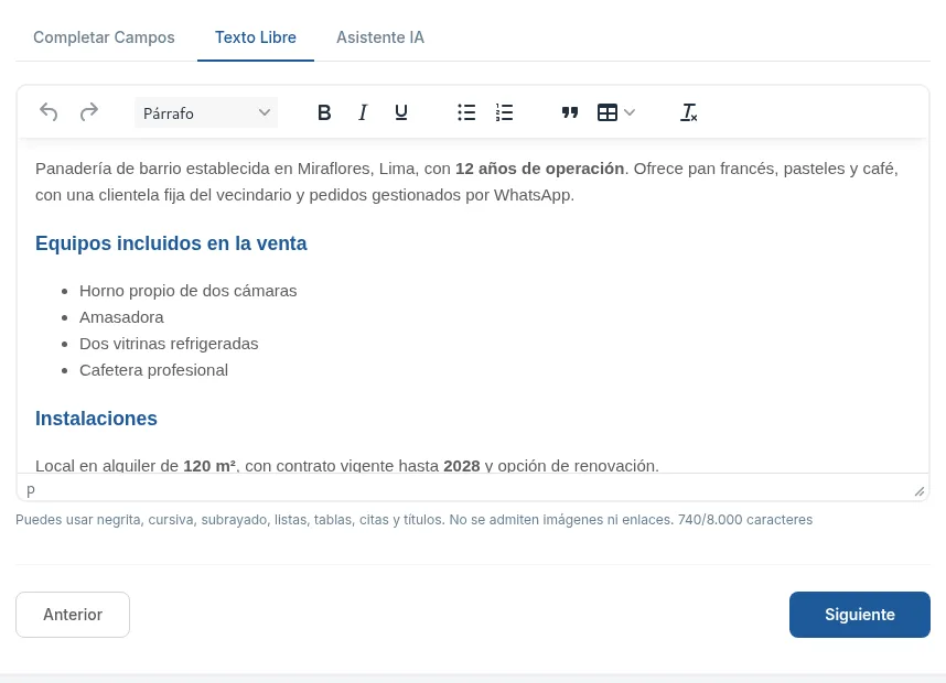 La pestaña Texto Libre con la redacción del asistente dentro del editor