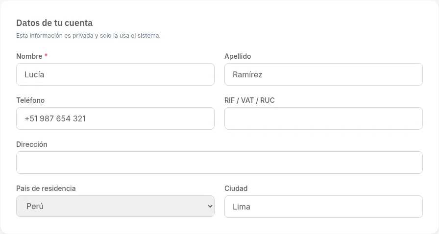 Bloque Datos de tu cuenta con nombre, apellido, teléfono y ubicación