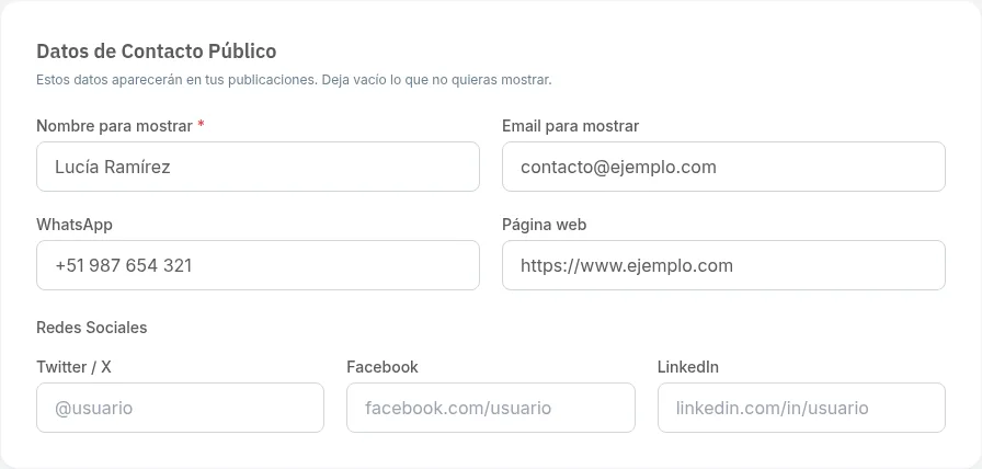 Bloque Datos de Contacto Público con nombre para mostrar, email, WhatsApp, página web y redes
