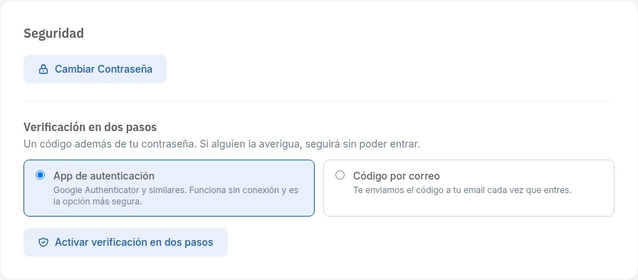 Bloque Seguridad con cambiar contraseña y verificación en dos pasos
